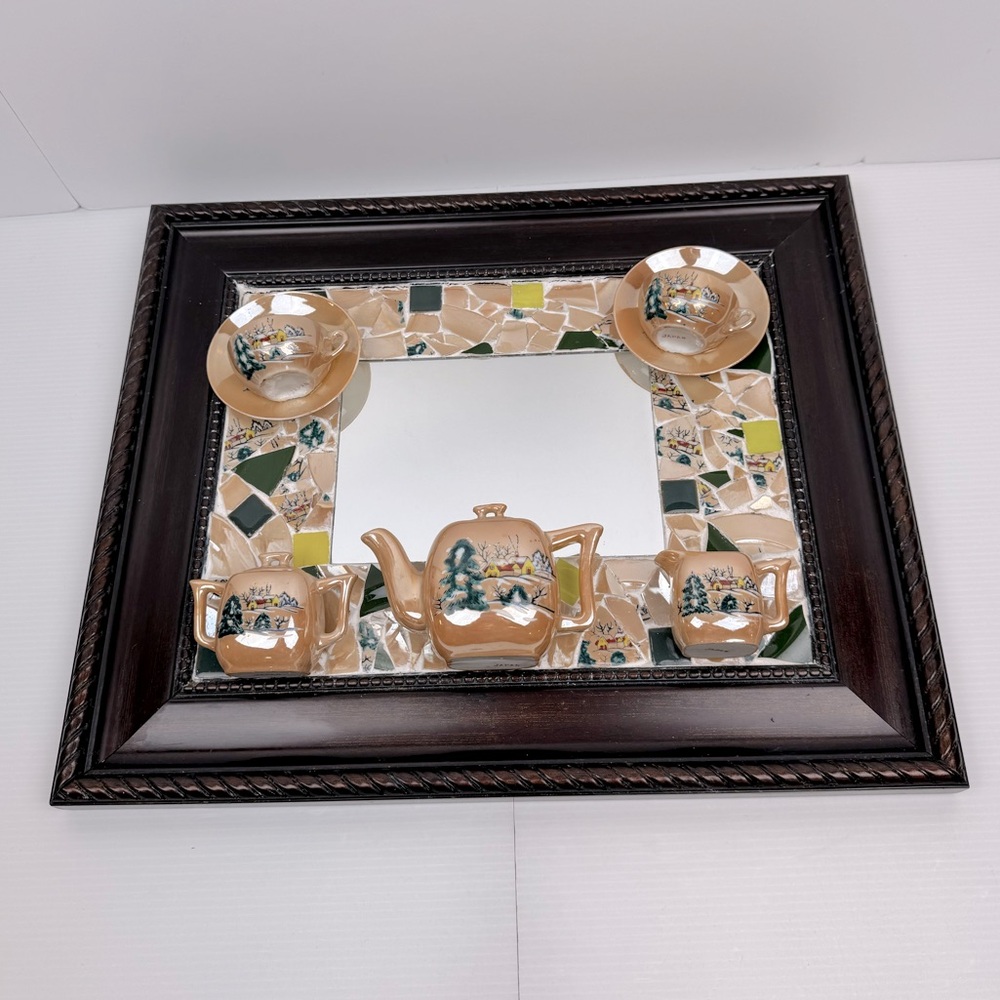 VTG Mosaic Art Mirror Mini China Dish Set 2 Cups & Saucers, Tea pot Milk Sugar